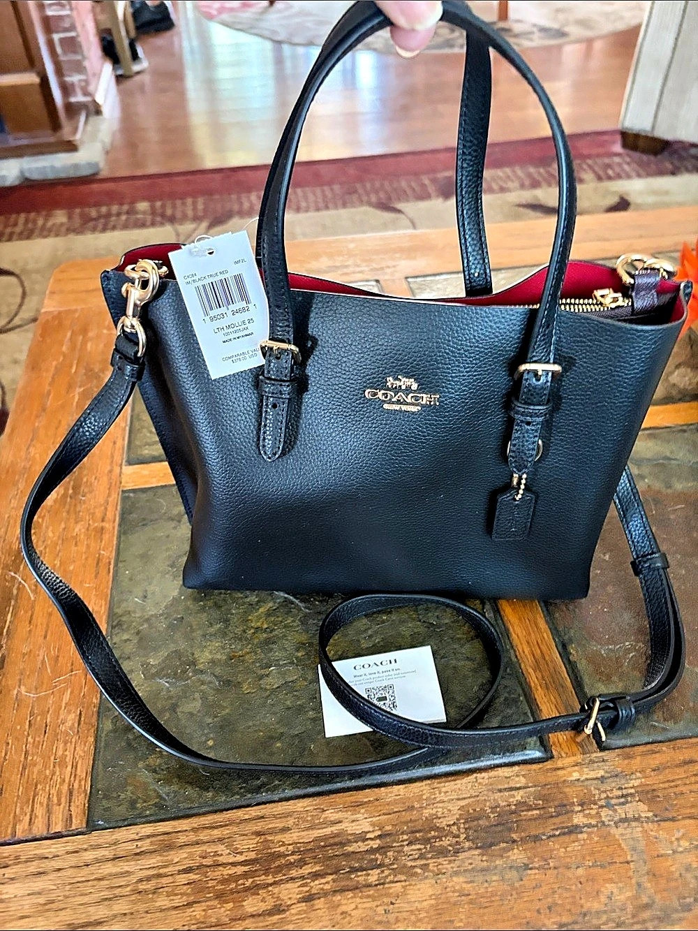 Coach Mollie Tote 25 Leather Tote in Black & Red NWT